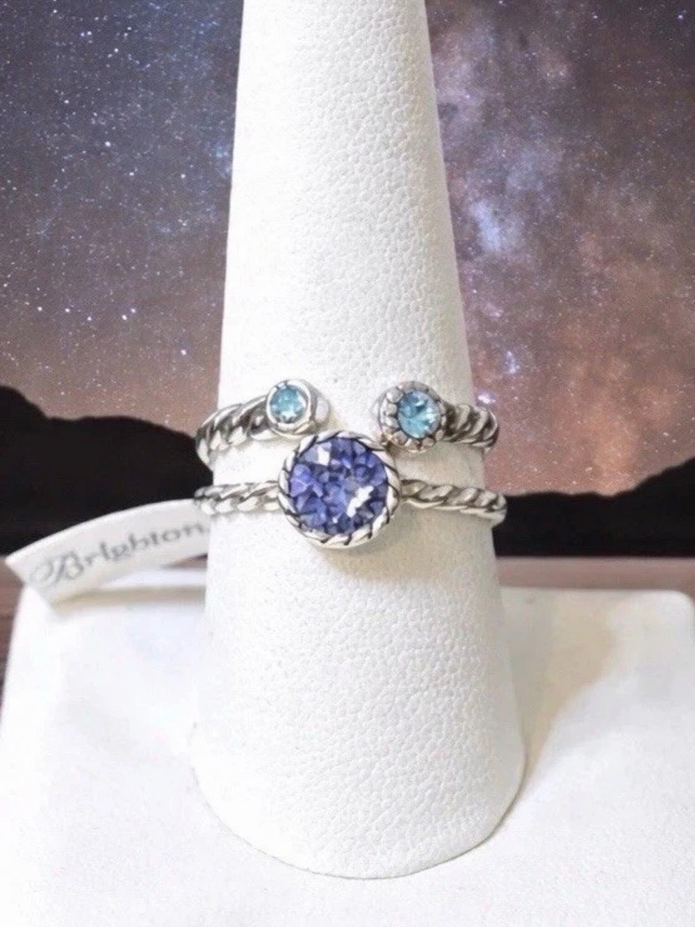 🌝 Brighton HALO SZ 8 SLVR SWAROVSKI TANZANITE VTG Celestial Ring Set MSRP:$58
